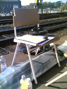 Signalvaktskontoret invid sp&aring;ret vid Stockholm Central, Tegelbacken, med utsikt &ouml;ver Stadshuset och M&auml;larens vatten.