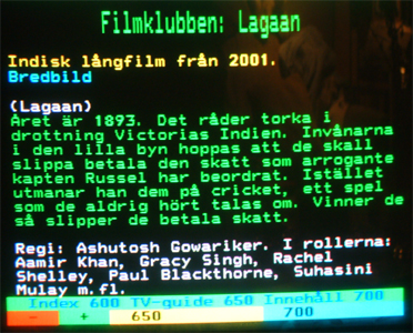 Information g&auml;llande filmen Lagaan fr&aring;n &aring;r 2001 h&auml;mtat fr&aring;n Text-TV